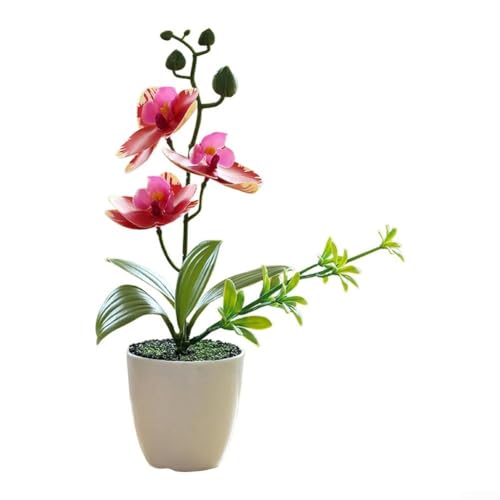 Künstliche Orchidee Pflanze mit Vase für elegante Büro- und Heimeinrichtungen, realistisches Blumenarrangement, geeignet für verschiedene Raumstile (Großrot) von JGmotorfi
