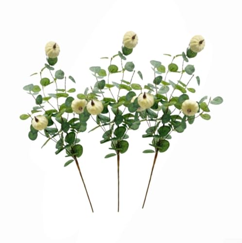 Set mit 3 lebensechten künstlichen Blumenarrangements mit Baumwollblumen und weißen Kürbissen, geeignet für Vasen und Festival-Dekoration, aus Kunststoff (A09864) von JGmotorfi
