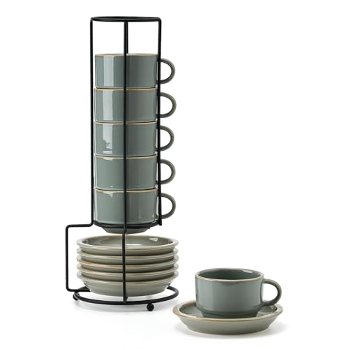 JIEMEI HOME stapelbare Espressotassen aus Porzellan mit Untertassen und Metallständer, 118 ml, Demitasse-Tassen für Latte, Café, Mokka, Tee, Set mit 6 Espressotassen, reaktive Glasur, Grün von JH JIEMEI HOME