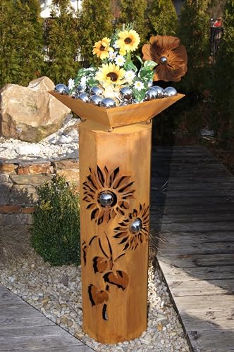 8-Eck Säule Sonnenblume + Schale Classic Edelrost Rost Metall Gartendeko Garten Stele von JH-Metalldesign