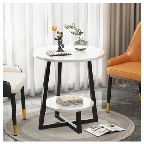 2 Tier Klein Runden Seitentisch, Marmoreffekt Endtabelle Mit Lagerregal, Modern Couchtisch Mit Schwarz Metallrahmen Für Wohnzimmer, Schlafzimmer Und Alle Kleine Räume(Size:40x40x55cm,Color:weiß) von JHAISMAO