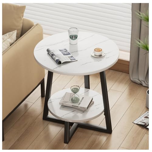 2 Tier Klein Runden Seitentisch, Marmoreffekt Endtabelle Mit Lagerregal, Modern Couchtisch Mit Schwarz Metallrahmen Für Wohnzimmer, Schlafzimmer Und Alle Kleine Räume(Size:60x60x60cm,Color:b) von JHAISMAO