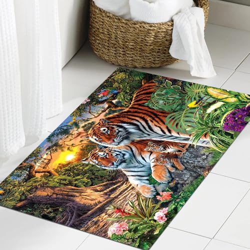 JHAOUNUK Schnell trocknende Badezimmermatte, saugfähige Bodenmatte, rutschfeste Gummi-Unterseite, leicht zu reinigen, Badezimmer-Duschmatte, Tigermalerei, 40,6 x 61 cm von JHAOUNUK