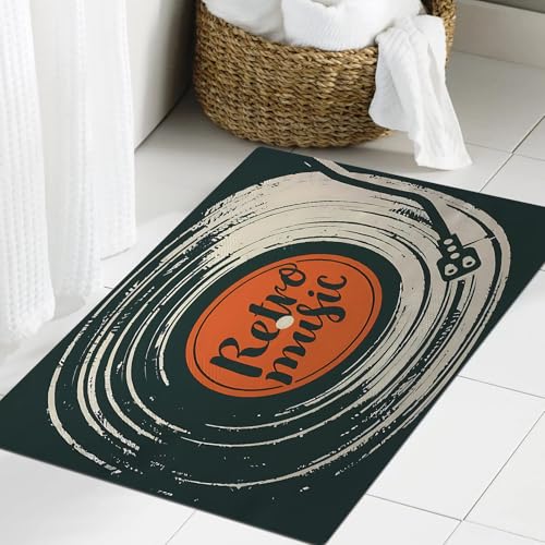 JHAOUNUK Weich Badezimmerteppich 40x60cm,Vektor-P oder Banner mit kalligrafischer Aufschrift „Retro-Musik“,rutschfest waschbar Badematte Flauschige Badteppich Saugfähig Badvorleger Duschvorleger von JHAOUNUK