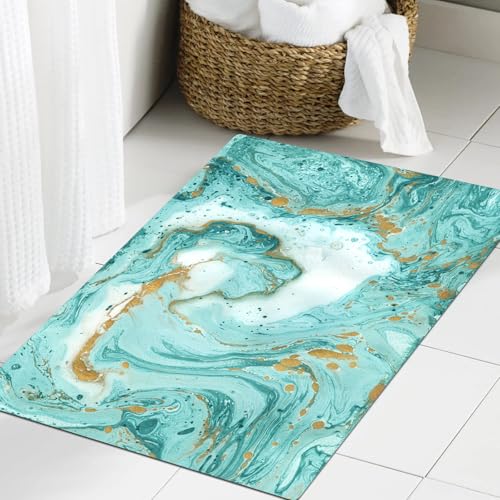 JHAOUNUK Weich Badezimmerteppich 40x60cm,Türkisfarbener Marmor und goldene Malereien auf weißem Papier,rutschfest waschbar Badematte Flauschige Badteppich Saugfähig Badvorleger Duschvorleger von JHAOUNUK