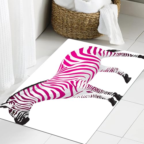 JHAOUNUK Schnell trocknende Badezimmermatte, saugfähige Bodenmatte für Zuhause, rutschfeste Gummi-Unterseite, leicht zu reinigen, Badezimmer-Duschmatte, Zebra-Figur in rosa Streifen, Savanne, Tier von JHAOUNUK