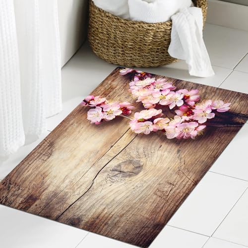 JHAOUNUK Weich Badezimmerteppich 40x60cm, Fleur de Printemps sur Table en Bois,rutschfest waschbar Badematte Flauschige Badteppich Saugfähig Badvorleger Duschvorleger von JHAOUNUK