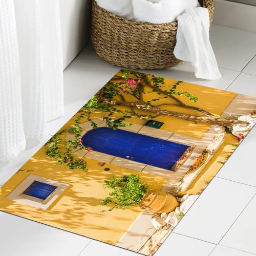 JHAOUNUK Weich Badezimmerteppich 40x60cm,Traditionelles griechisches Haus mit blauen Türen und gelber Wand,rutschfest waschbar Badematte Flauschige Badteppich Saugfähig Badvorleger Duschvorleger von JHAOUNUK