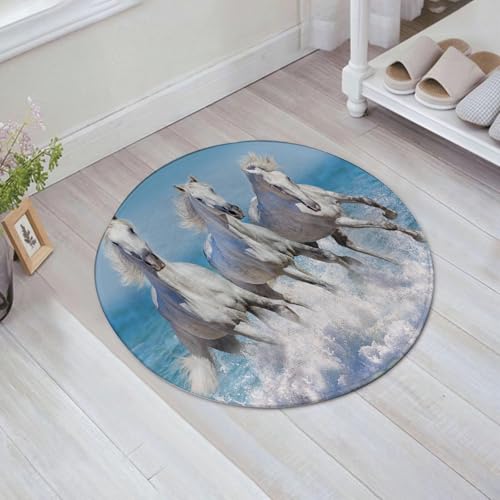 JHAOUNUK Weich Badezimmerteppich 60x60cm,DREI weiße Pferde galoppieren durch die Wellen des Ozeans,rutschfest waschbar Badematte Flauschige Badteppich Saugfähig Badvorleger Duschvorleger von JHAOUNUK