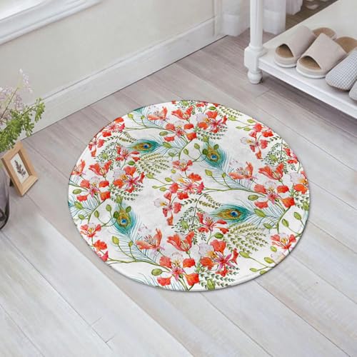JHAOUNUK Weich Badezimmerteppich 60x60cm,Frühling, Pfauenfeder Petunienblüte Feld Saisona,rutschfest waschbar Badematte Flauschige Badteppich Saugfähig Badvorleger Duschvorleger von JHAOUNUK