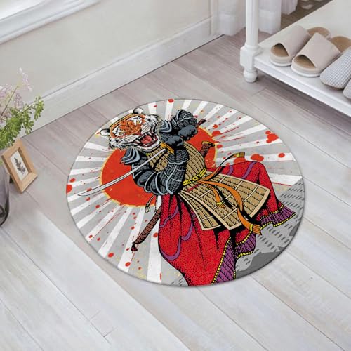 JHAOUNUK Weich Badezimmerteppich 60x60cm,Tiger-Samurai mit Schwert in traditioneller Kleidung,rutschfest waschbar Badematte Flauschige Badteppich Saugfähig Badvorleger Duschvorleger von JHAOUNUK