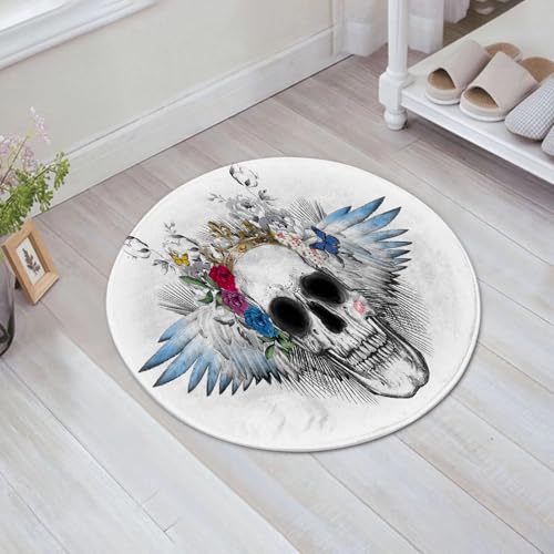 JHAOUNUK Weich Badezimmerteppich 60x60cm,Totenkopf-Musterdesign mit Blumen, Flügeln, Rosen und Schmetterlingen v,rutschfest waschbar Badematte Flauschige Badteppich Saugfähig Badvorleger Duschvorleger von JHAOUNUK