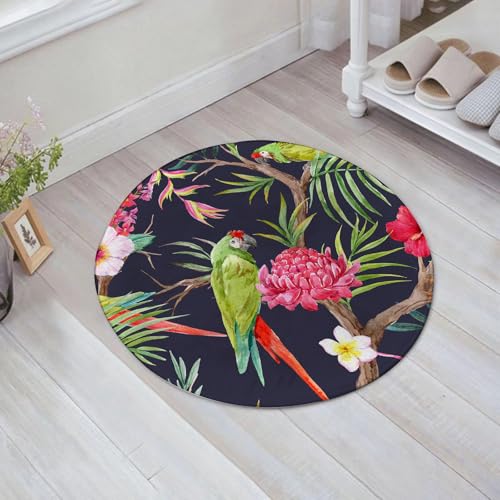 JHAOUNUK Weich Badezimmerteppich 60x60cm,Tropische Blumenbäume Hibiskus Blühende Palmblätter Papagei Tukan,rutschfest waschbar Badematte Flauschige Badteppich Saugfähig Badvorleger Duschvorleger von JHAOUNUK