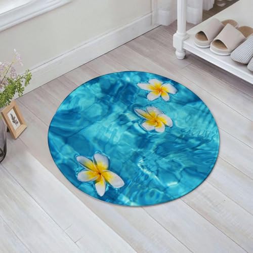 JHAOUNUK Weich Badezimmerteppich 60x60cm,Tropische Frangipani-Blüte schwimmt im blauen Wasser,rutschfest waschbar Badematte Flauschige Badteppich Saugfähig Badvorleger Duschvorleger von JHAOUNUK