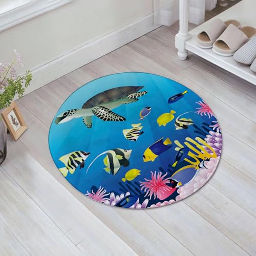 JHAOUNUK Weich Badezimmerteppich 60x60cm,Unterwasserlandschaft mit Schildkröte und Fisch,rutschfest waschbar Badematte Flauschige Badteppich Saugfähig Badvorleger Duschvorleger von JHAOUNUK