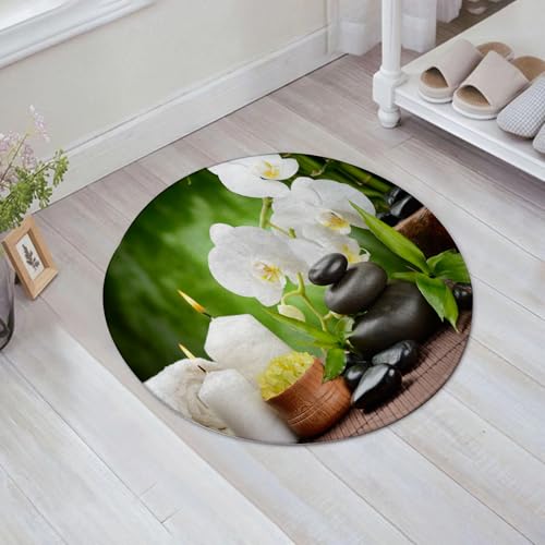 JHAOUNUK Weich Badezimmerteppich 60x60cm,Zen-Basaltsteine und Orchidee auf dem Holz,rutschfest waschbar Badematte Flauschige Badteppich Saugfähig Badvorleger Duschvorleger von JHAOUNUK