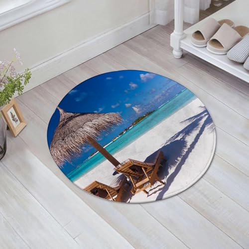 JHAOUNUK Weich Badezimmerteppich 60x60cm,Zwei Stühle und Sonnenschirm an einem Strand mit Schatten von Palmen,rutschfest waschbar Badematte Flauschige Badteppich Saugfähig Badvorleger Duschvorleger von JHAOUNUK
