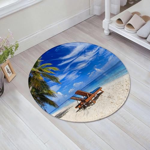JHAOUNUK Weich Badezimmerteppich 60x60cm,zwei Liegestühle mit roten Weihnachtsmannmützen am tropischen Sommerstr,rutschfest waschbar Badematte Flauschige Badteppich Saugfähig Badvorleger Duschvorleger von JHAOUNUK