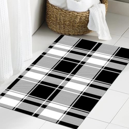 JHAOUNUK Weich Badezimmerteppich 60x90cm,Abstrakte schwarz-graue und weiße Tartan-Streifen-Designkunst,rutschfest waschbar Badematte Flauschige Badteppich Saugfähig Badvorleger Duschvorleger von JHAOUNUK