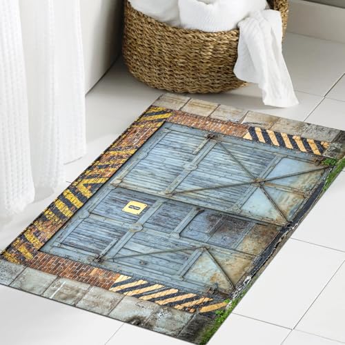 JHAOUNUK Weich Badezimmerteppich 60x90cm,Altes Holztor mit Warnschildern,rutschfest waschbar Badematte Flauschige Badteppich Saugfähig Badvorleger Duschvorleger von JHAOUNUK