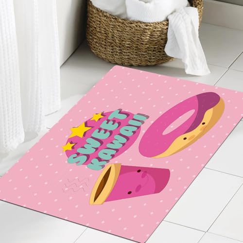 JHAOUNUK Weich Badezimmerteppich 60x90cm,Animierter, süßer Kawaii-Schriftzug mit Donut- und Kaffee-Cartoon-Figur,rutschfest waschbar Badematte Flauschige Badteppich Saugfähig Badvorleger Duschvorleger von JHAOUNUK