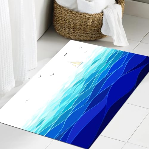 JHAOUNUK Weich Badezimmerteppich 60x90cm,Aqua, Grafik Meer Welle Segelboot mit Vogel Möwe Meerblick Horizon Mari,rutschfest waschbar Badematte Flauschige Badteppich Saugfähig Badvorleger Duschvorleger JHAOUNUK Weich Badezimmerteppich 60x90cm,Aqua, Grafik Meer Welle Segelboot mit Vogel Möwe Meerblick Horizon Mari,rutschfest waschbar Badematte Flauschige Badteppich Saugfähig Badvorleger Duschvorleger von JHAOUNUK