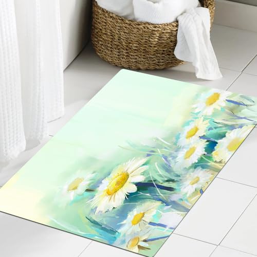 JHAOUNUK Weich Badezimmerteppich 60x90cm,Aquarellblume, Gänseblümchen auf Gras Mutter Erde Impressionist, hypoal,rutschfest waschbar Badematte Flauschige Badteppich Saugfähig Badvorleger Duschvorleger von JHAOUNUK