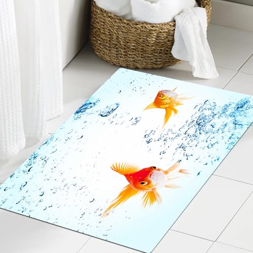 JHAOUNUK Weich Badezimmerteppich 60x90cm,Aquarium, Unter dem Thema Aquarium Niedlicher schwimmender Goldfisch mi,rutschfest waschbar Badematte Flauschige Badteppich Saugfähig Badvorleger Duschvorleger von JHAOUNUK