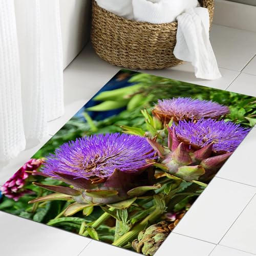 JHAOUNUK Weich Badezimmerteppich 60x90cm,Artischocke, mediterranes Florafoto mit lila blühendem Superfood-Ernted,rutschfest waschbar Badematte Flauschige Badteppich Saugfähig Badvorleger Duschvorleger von JHAOUNUK