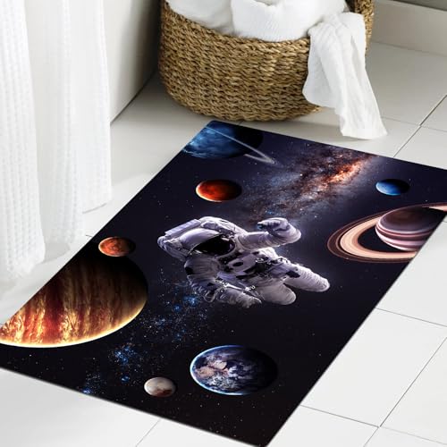 JHAOUNUK Weich Badezimmerteppich 60x90cm,Astronaut im Weltraum vor der Kulisse des Planeten Erde,rutschfest waschbar Badematte Flauschige Badteppich Saugfähig Badvorleger Duschvorleger von JHAOUNUK