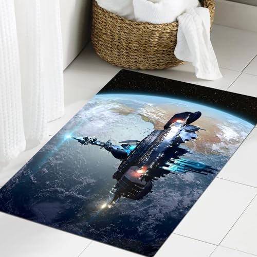 JHAOUNUK Weich Badezimmerteppich 60x90cm,Außerirdisches Mutterschiff in der Nähe der Erde für futuristische Fant,rutschfest waschbar Badematte Flauschige Badteppich Saugfähig Badvorleger Duschvorleger von JHAOUNUK