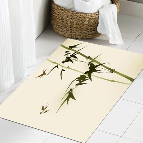 JHAOUNUK Weich Badezimmerteppich 60x90cm,Bambuszweige im orientalischen Stil bemalen.,rutschfest waschbar Badematte Flauschige Badteppich Saugfähig Badvorleger Duschvorleger von JHAOUNUK