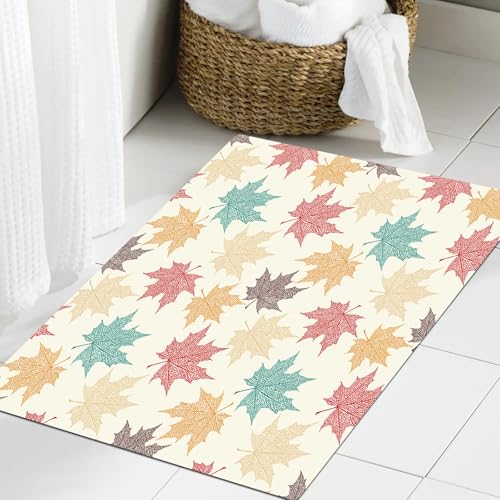 JHAOUNUK Weich Badezimmerteppich 60x90cm,Blätter, Natur Würfel Saisonale Bunte Ahornblätter Muster,rutschfest waschbar Badematte Flauschige Badteppich Saugfähig Badvorleger Duschvorleger von JHAOUNUK
