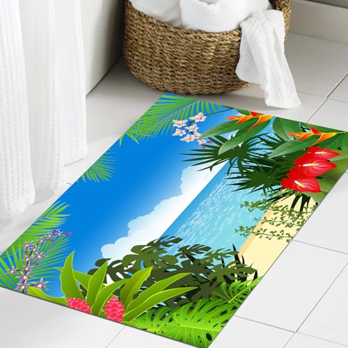 JHAOUNUK Weich Badezimmerteppich 60x90cm,Blatt, Strandthema l Dschungel Meer Meerblick mit Seitenblumen Crep,rutschfest waschbar Badematte Flauschige Badteppich Saugfähig Badvorleger Duschvorleger JHAOUNUK Weich Badezimmerteppich 60x90cm,Blatt, Strandthema l Dschungel Meer Meerblick mit Seitenblumen Crep,rutschfest waschbar Badematte Flauschige Badteppich Saugfähig Badvorleger Duschvorleger von JHAOUNUK