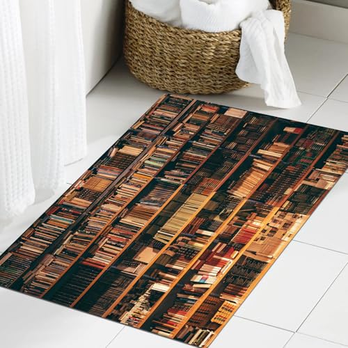 JHAOUNUK Weich Badezimmerteppich 60x90cm,Blick auf Regale mit Alten Büchern in der Bibliothek,rutschfest waschbar Badematte Flauschige Badteppich Saugfähig Badvorleger Duschvorleger von JHAOUNUK