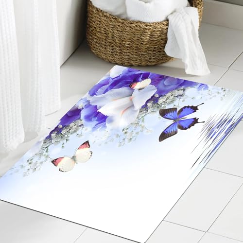JHAOUNUK Weich Badezimmerteppich 60x90cm,Blumen, Blaue und weiße Wildblumen mit Monarchfaltern Lily Therapy Zen,rutschfest waschbar Badematte Flauschige Badteppich Saugfähig Badvorleger Duschvorleger von JHAOUNUK