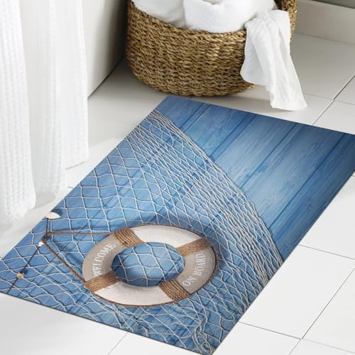 JHAOUNUK Weich Badezimmerteppich 60x90cm,Boje Boje Rettungsring Shabby Natur Antik Look Holz Tourismusgesetz,rutschfest waschbar Badematte Flauschige Badteppich Saugfähig Badvorleger Duschvorleger von JHAOUNUK