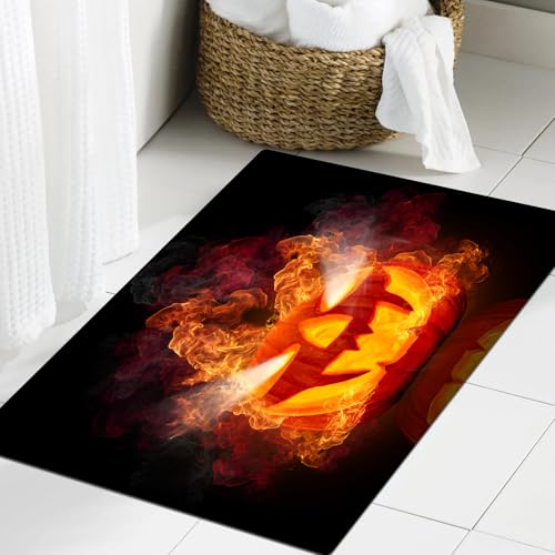JHAOUNUK Weich Badezimmerteppich 60x90cm,Brennender Halloween-Kürbis isoliert auf schwarzem Hintergrund,rutschfest waschbar Badematte Flauschige Badteppich Saugfähig Badvorleger Duschvorleger von JHAOUNUK