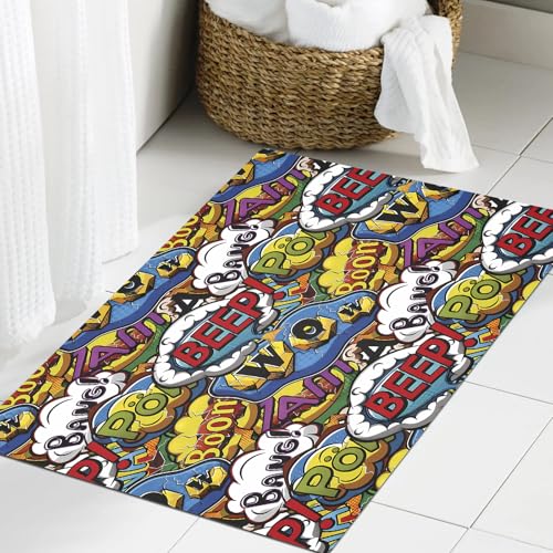 JHAOUNUK Weich Badezimmerteppich 60x90cm,Bunte Comics Sprechblasen Nahtlose Muster,rutschfest waschbar Badematte Flauschige Badteppich Saugfähig Badvorleger Duschvorleger von JHAOUNUK