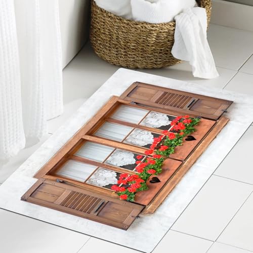 JHAOUNUK Weich Badezimmerteppich 60x90cm,Druck Alter europäischer Fenster mit Fensterläden und Blumen T.,rutschfest waschbar Badematte Flauschige Badteppich Saugfähig Badvorleger Duschvorleger von JHAOUNUK