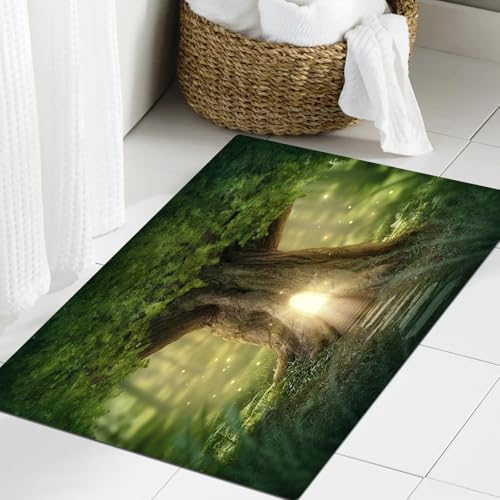 JHAOUNUK Weich Badezimmerteppich 60x90cm,EIN Baum im Wald mit Einer Tür, die hell leuchtet.,rutschfest waschbar Badematte Flauschige Badteppich Saugfähig Badvorleger Duschvorleger von JHAOUNUK