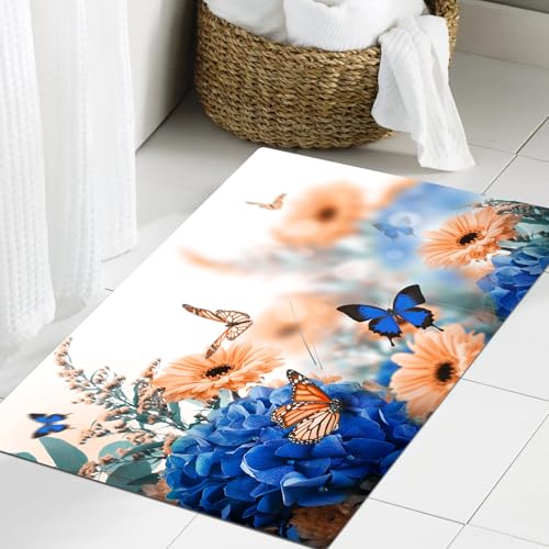 JHAOUNUK Weich Badezimmerteppich 60x90cm,Erstaunlicher Hintergrund mit Hortensien und Gänseblümchen. Gelbe und b,rutschfest waschbar Badematte Flauschige Badteppich Saugfähig Badvorleger Duschvorleger von JHAOUNUK