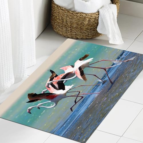 JHAOUNUK Weich Badezimmerteppich 60x90cm,Flamingo, Flamingoschwarm hebt von der Lagune ab, um Wasser zu Holen,rutschfest waschbar Badematte Flauschige Badteppich Saugfähig Badvorleger Duschvorleger von JHAOUNUK
