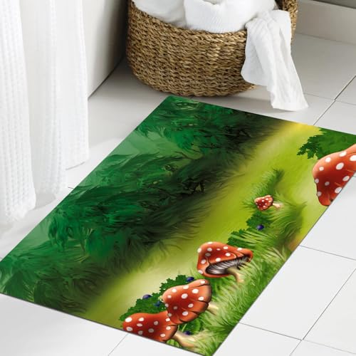 JHAOUNUK Weich Badezimmerteppich 60x90cm,Fliegenpilze Magisches Wunderland Rasen Wiese Landschaft Greenwood Desi,rutschfest waschbar Badematte Flauschige Badteppich Saugfähig Badvorleger Duschvorleger JHAOUNUK Weich Badezimmerteppich 60x90cm,Fliegenpilze Magisches Wunderland Rasen Wiese Landschaft Greenwood Desi,rutschfest waschbar Badematte Flauschige Badteppich Saugfähig Badvorleger Duschvorleger von JHAOUNUK