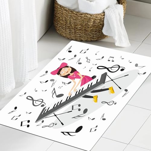 JHAOUNUK Weich Badezimmerteppich 60x90cm,Frau in Rosa spielt E-Piano mit Noten-Vektorillustration. Jazz- oder Po,rutschfest waschbar Badematte Flauschige Badteppich Saugfähig Badvorleger Duschvorleger von JHAOUNUK