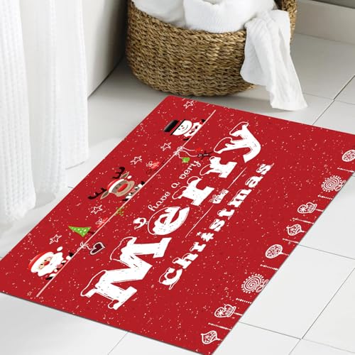 JHAOUNUK Weich Badezimmerteppich 60x90cm,Frohe Weihnachten Grußkartenmodell,rutschfest waschbar Badematte Flauschige Badteppich Saugfähig Badvorleger Duschvorleger von JHAOUNUK