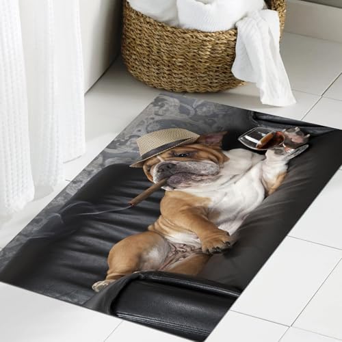 JHAOUNUK Weich Badezimmerteppich 60x90cm,Glücklich faul Hund Englische Bulldogge auf einem Ledersessel Sofa,rutschfest waschbar Badematte Flauschige Badteppich Saugfähig Badvorleger Duschvorleger JHAOUNUK Weich Badezimmerteppich 60x90cm,Glücklich faul Hund Englische Bulldogge auf einem Ledersessel Sofa,rutschfest waschbar Badematte Flauschige Badteppich Saugfähig Badvorleger Duschvorleger von JHAOUNUK