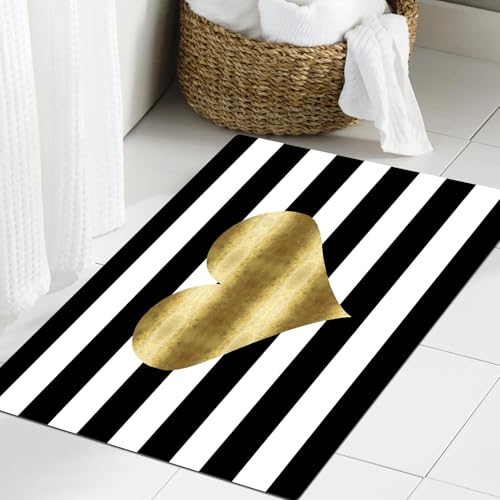 JHAOUNUK Weich Badezimmerteppich 60x90cm,Gold Herz Schwarz und Weiß Streifen,rutschfest waschbar Badematte Flauschige Badteppich Saugfähig Badvorleger Duschvorleger JHAOUNUK Weich Badezimmerteppich 60x90cm,Gold Herz Schwarz und Weiß Streifen,rutschfest waschbar Badematte Flauschige Badteppich Saugfähig Badvorleger Duschvorleger von JHAOUNUK