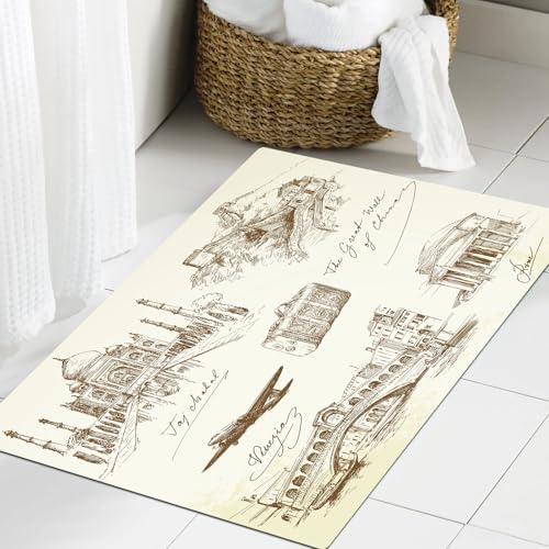 JHAOUNUK Weich Badezimmerteppich 60x90cm,Grafischer Vintage-Satz mit Sehenswürdigkeiten berühmter Schlösser der,rutschfest waschbar Badematte Flauschige Badteppich Saugfähig Badvorleger Duschvorleger von JHAOUNUK
