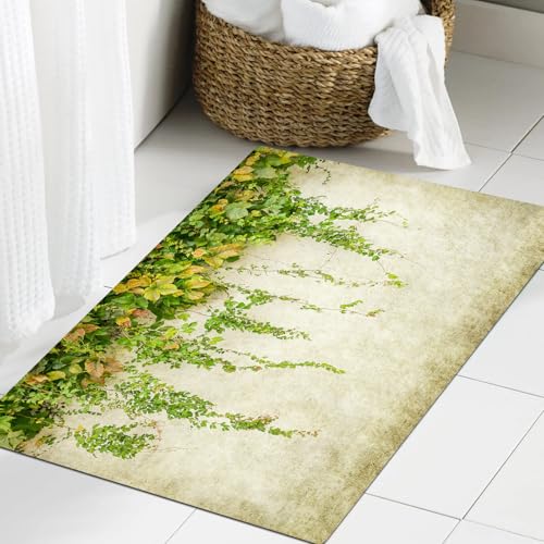 JHAOUNUK Weich Badezimmerteppich 60x90cm,Grüner Efeu auf Alter Grunge-Antik-Papierstruktur,rutschfest waschbar Badematte Flauschige Badteppich Saugfähig Badvorleger Duschvorleger von JHAOUNUK